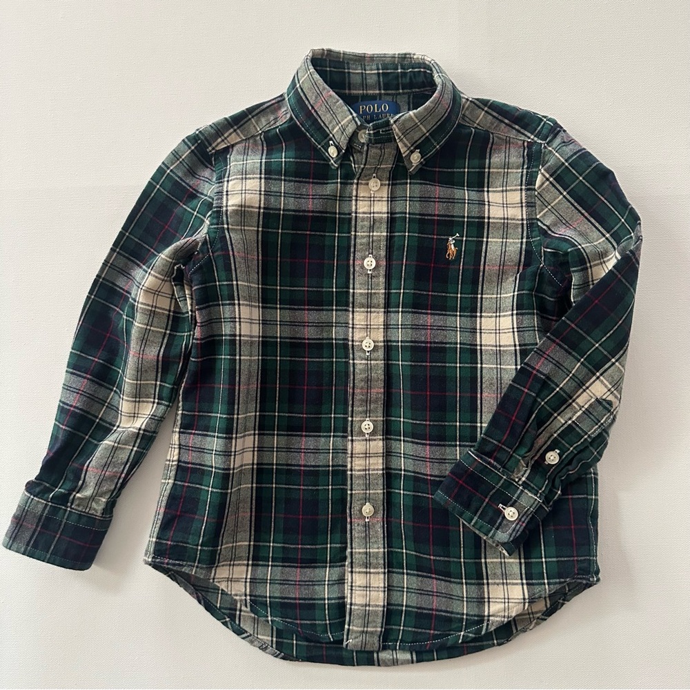 Polo Ralph Lauren 4T Toddler Boy Flannel Plaid Shirt Green Blue Red Holiday